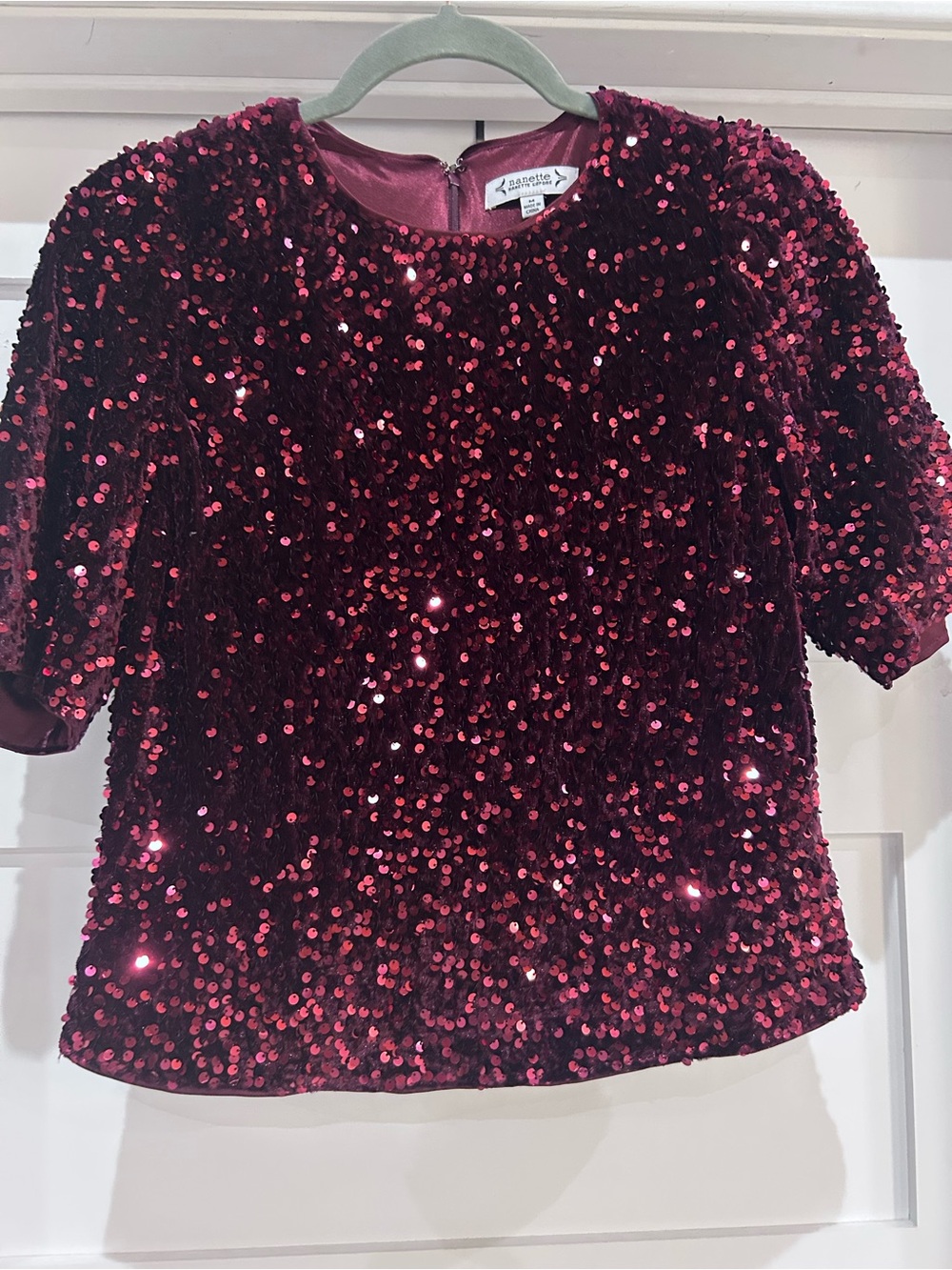 NANETTE size M, sequin Velvet Top in Deep Wine, lined bodice and sleeve